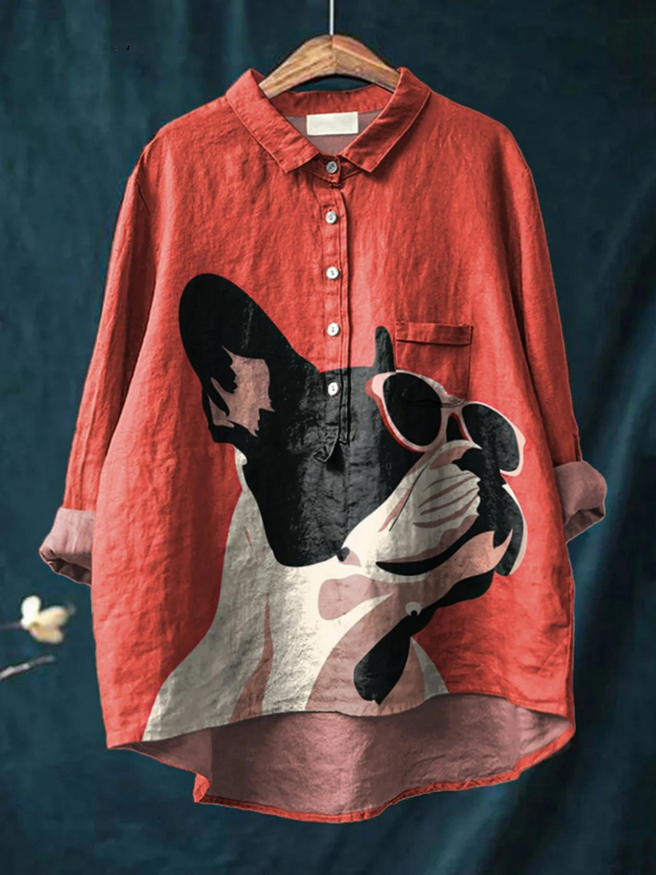 Indie | Decorative Pattern of French Bulldog Wearing Sunglasses On Red Background Casual  Shirt