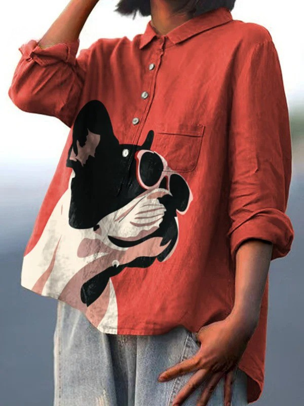 Indie | Decorative Pattern of French Bulldog Wearing Sunglasses On Red Background Casual  Shirt