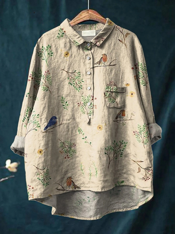 Kendra | Boughs And Robin Birds Pattern Printed Women's Casual  Shirt