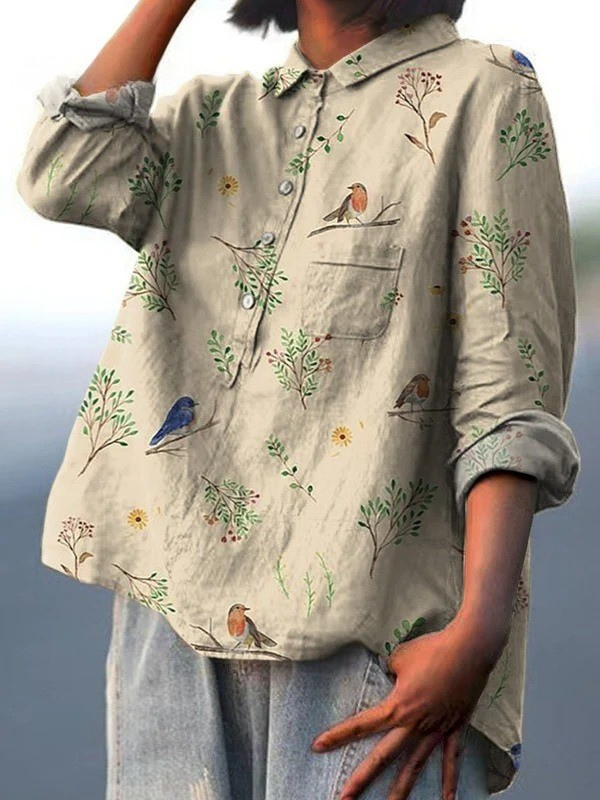 Kendra | Boughs And Robin Birds Pattern Printed Women's Casual  Shirt