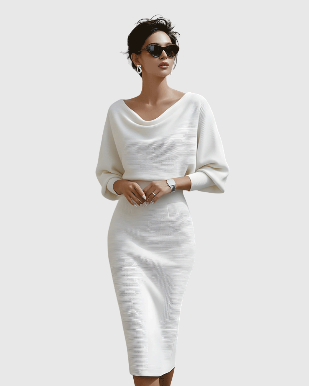 Lowenna | White Draped Batwing Midi Dress