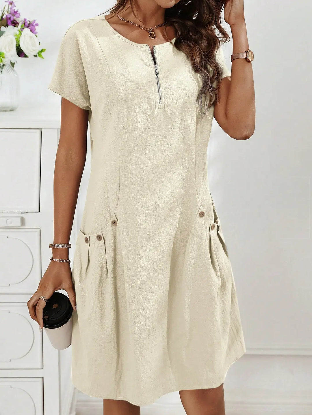 Women's Zip-Collar Pocket Dress — Short Sleeve Summer Knit Cotton Blend Dress