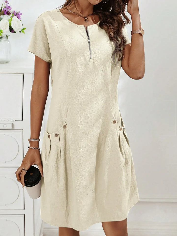 Women's Zip-Collar Pocket Dress — Short Sleeve Summer Knit Cotton Blend Dress