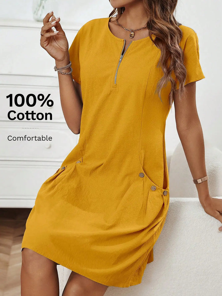 Women's Zip-Collar Pocket Dress — Short Sleeve Summer Knit Cotton Blend Dress