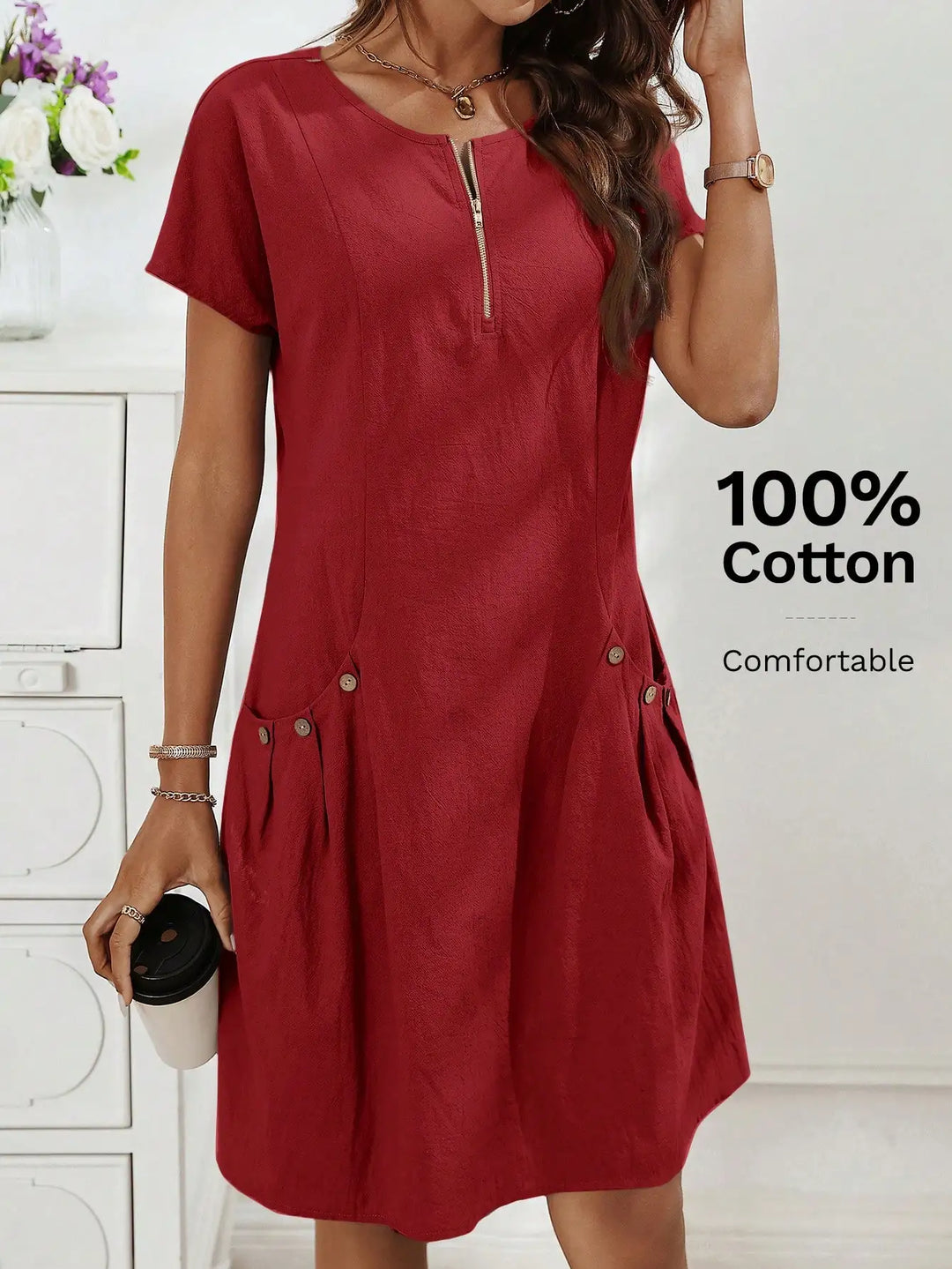 Women's Zip-Collar Pocket Dress — Short Sleeve Summer Knit Cotton Blend Dress